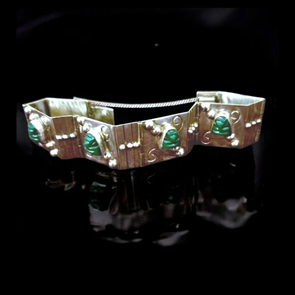 Vintage Solid 925 Sterling Silver Iguala Signed Mexico Bracelet Malachite - Picture 2 of 7